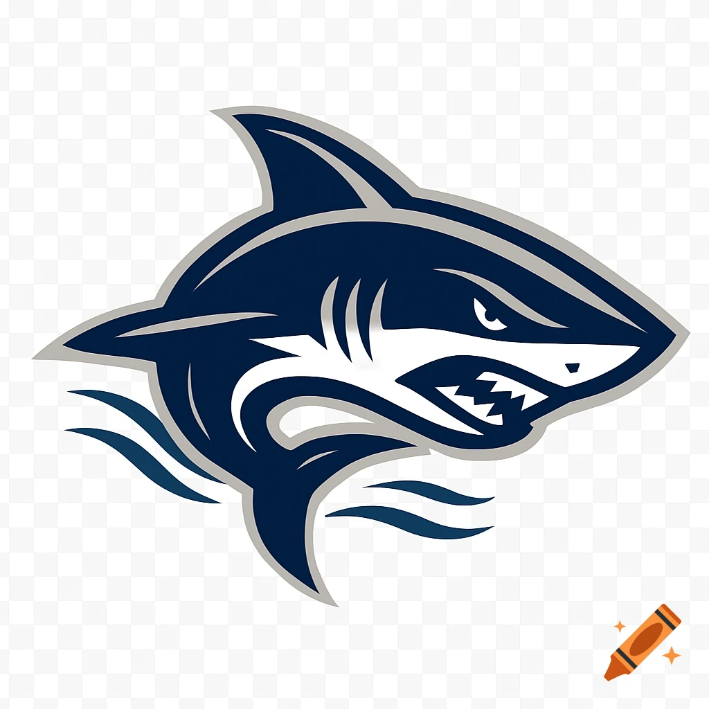 Stylized dark blue and grey shark logo with an aggressive expression, on a transparent background.