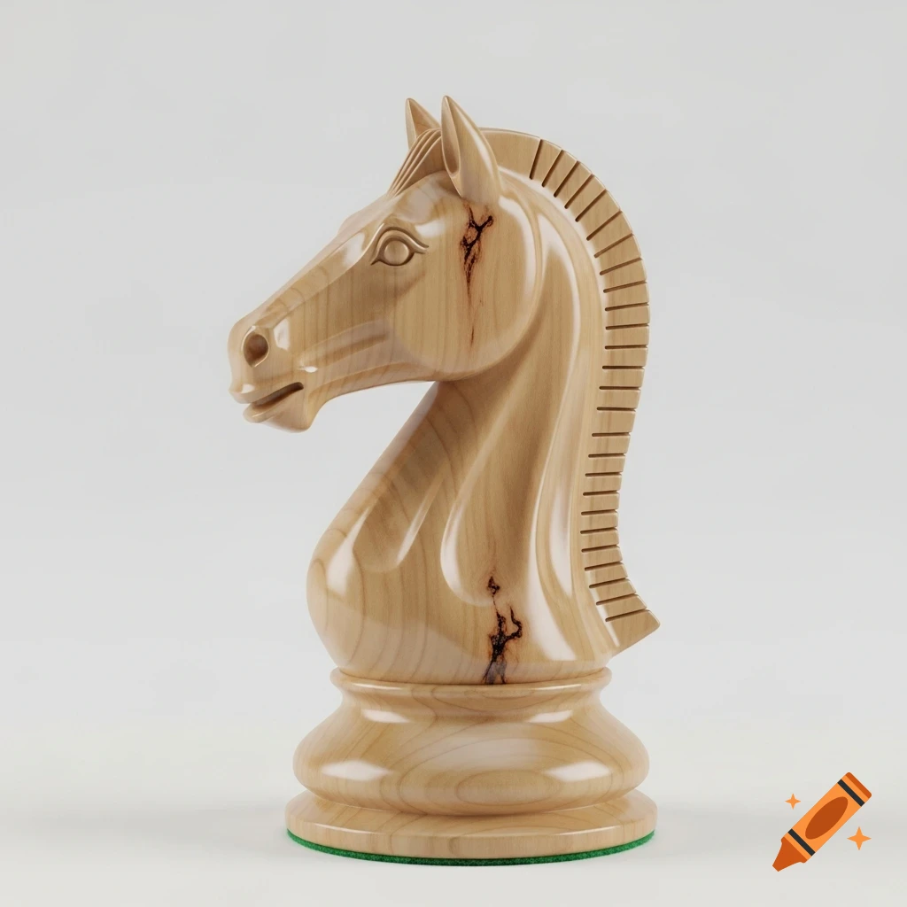 A detailed, light wooden chess knight piece on a white background.