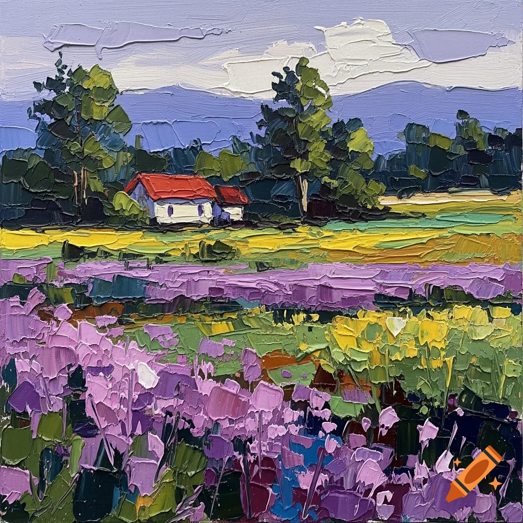 Expressionist impasto painting of a countryside landscape with violet fields, green trees, white houses with red roofs, and mountains under a light sky.