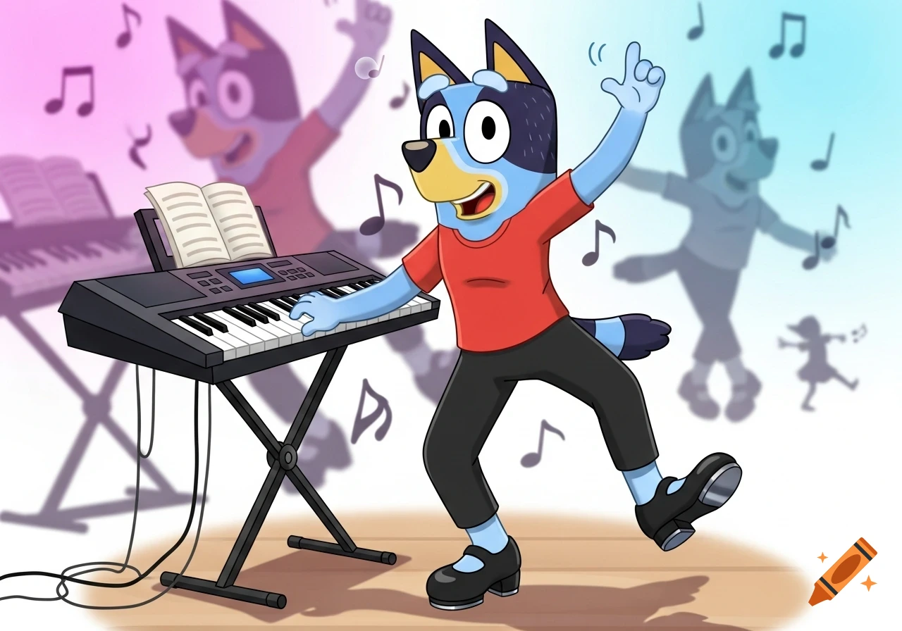 Cartoon Bluey playing an electric keyboard and tap dancing, surrounded by musical notes against a gradient background.