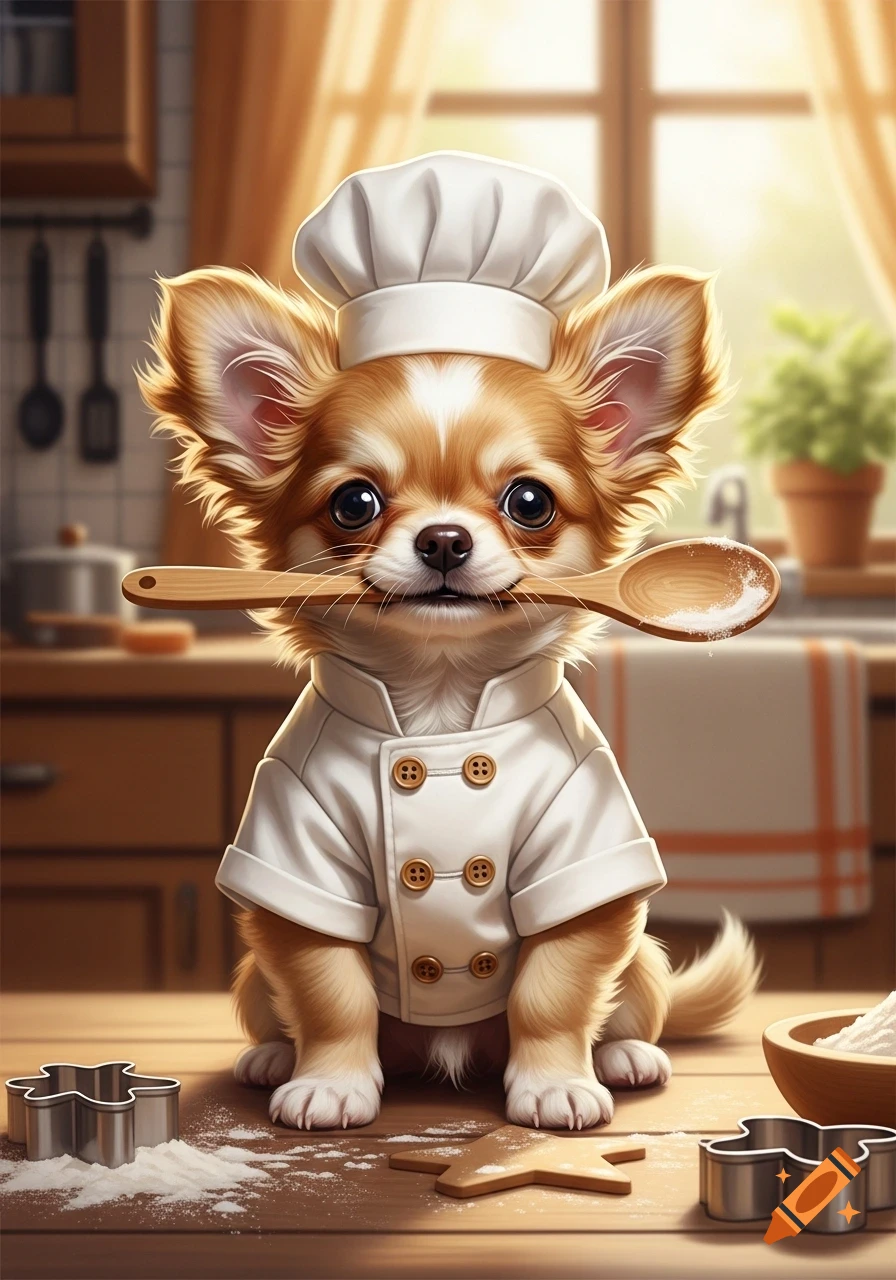 A cute, fluffy chihuahua puppy dressed as a chef, holding a wooden spoon, sits on a counter with flour and cookie cutters.