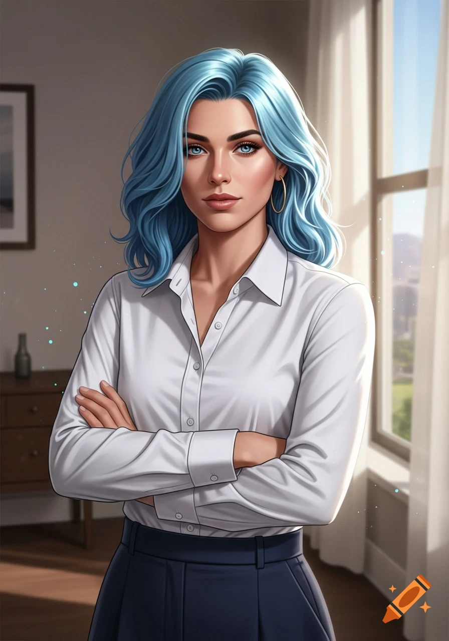 Stylized digital art of a woman with vibrant blue hair and crossed arms, wearing a white collared shirt, in an office.