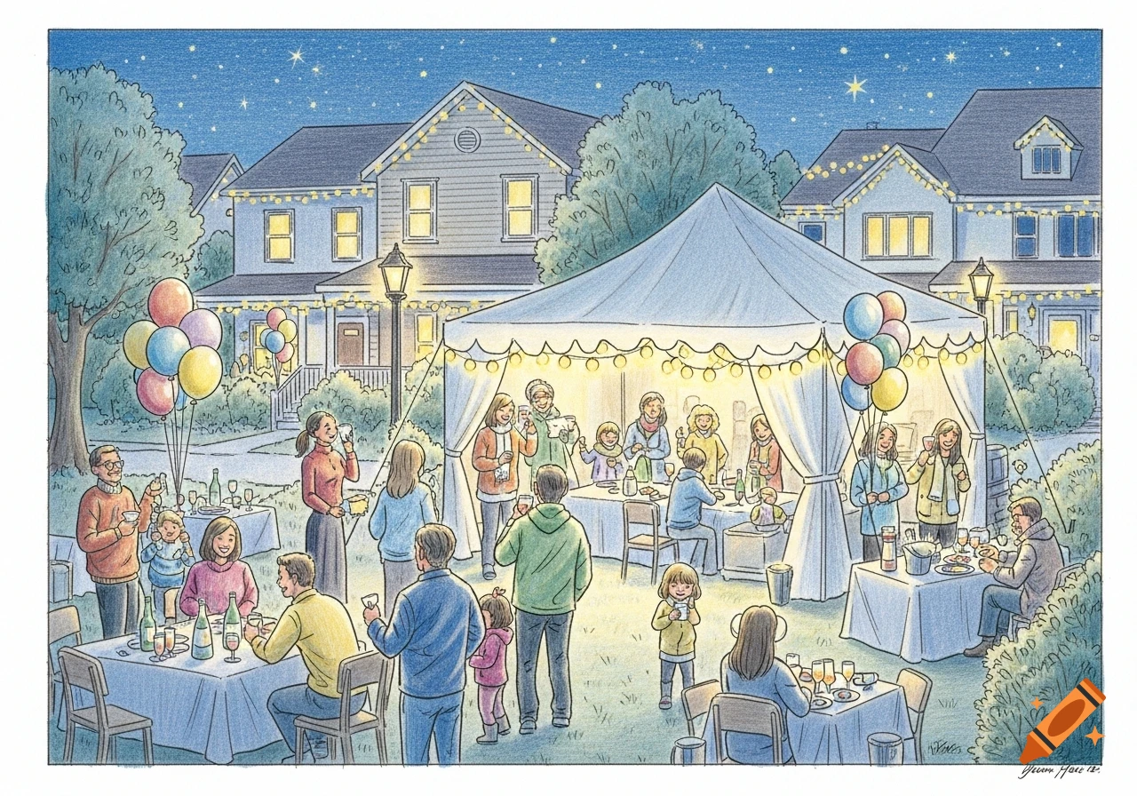 An illustrated night scene of a vibrant outdoor neighborhood party with people socializing under a tent and string lights.