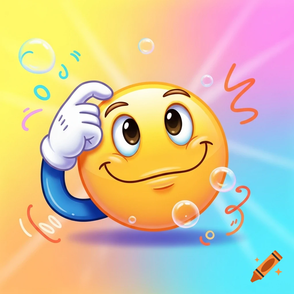 A cartoon yellow emoji with a thinking expression scratching its head, on a bright colorful background with bubbles.