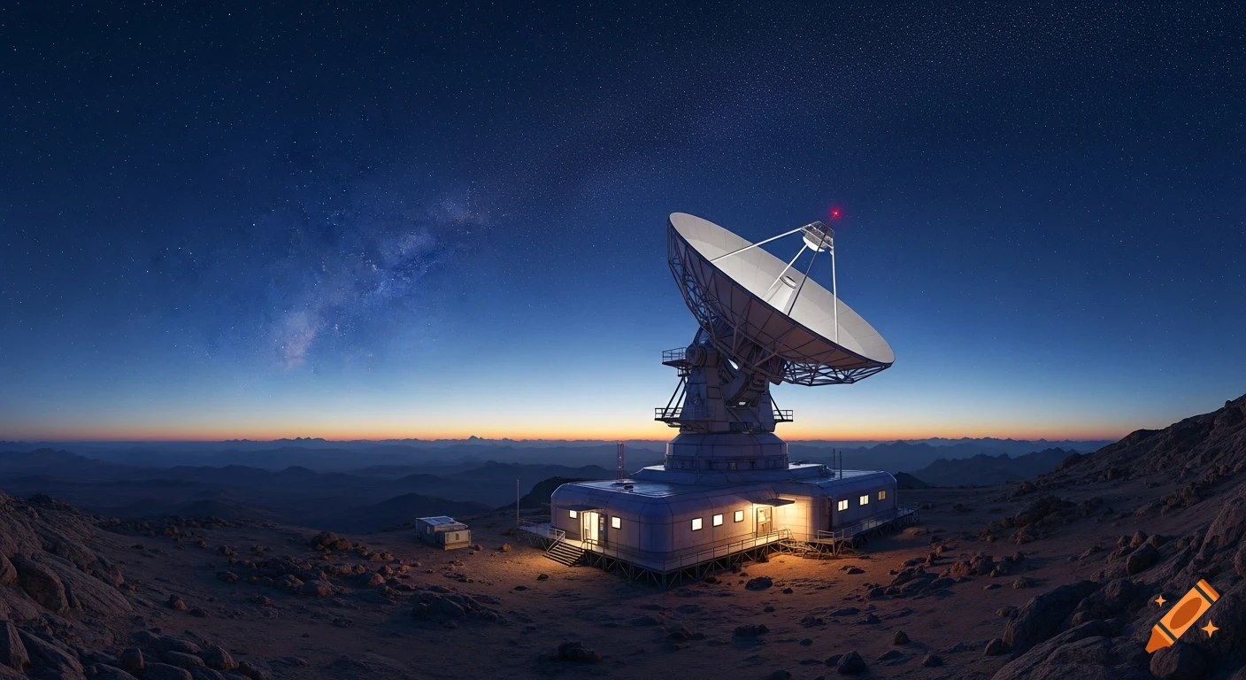A large satellite dish and a small, lit building on a rocky landscape under a starry twilight sky with the Milky Way.