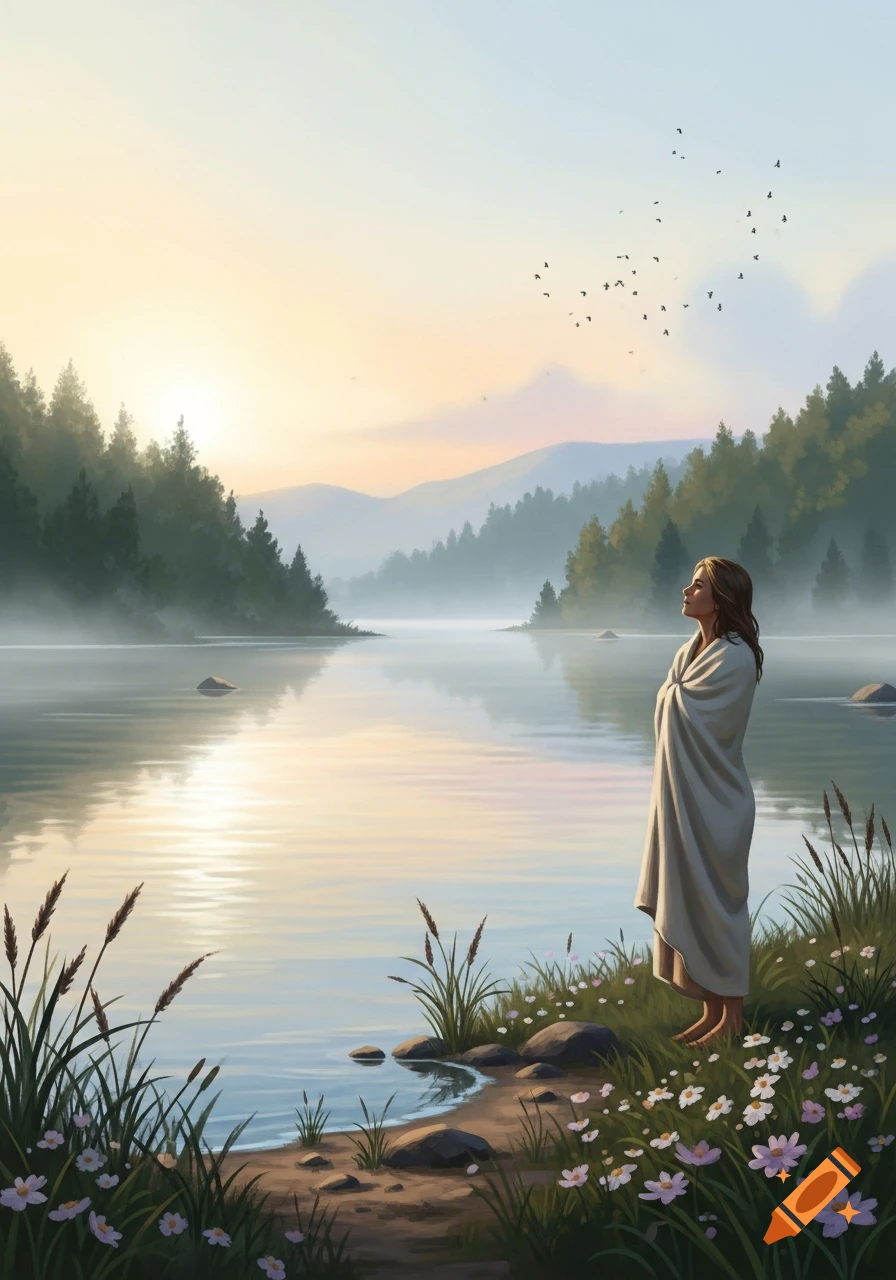 Woman wrapped in a blanket stands by a tranquil lake at sunrise, gazing at flying birds over misty mountains and forests.