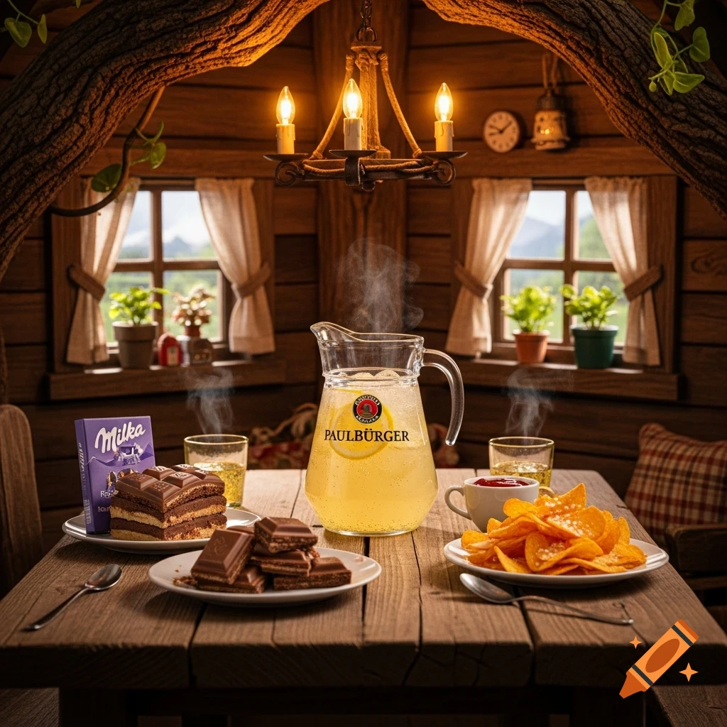 A rustic wooden table in a cozy cabin or treehouse setting, laden with a Milka chocolate cake, chocolate wafers, potato chips, and a pitcher of Paulburger lemonade with ice and lemon slices. Steam rises from drinks in glasses.