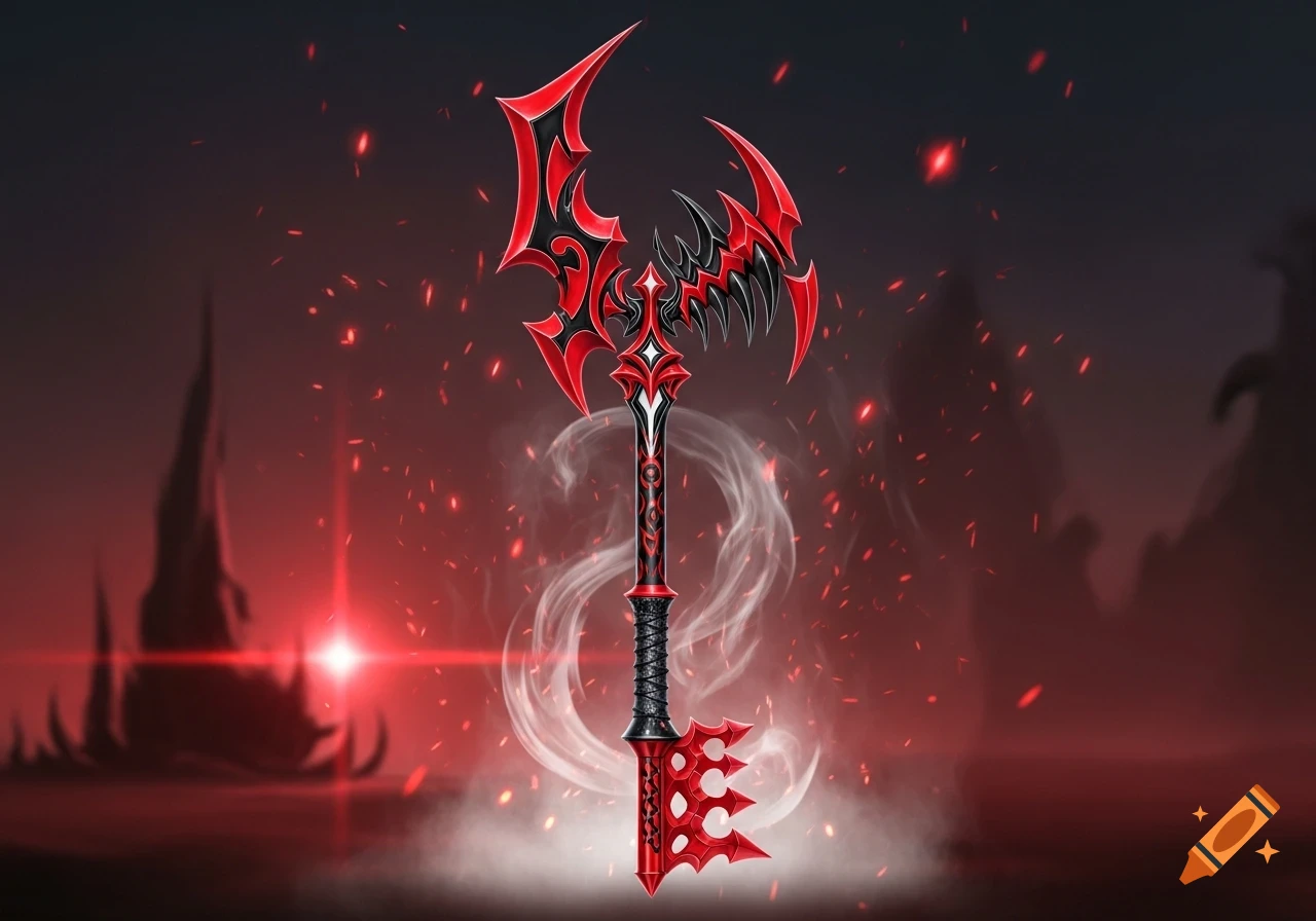 A red and black fantasy keyblade with intricate details, set against a dark, fiery landscape with glowing embers.