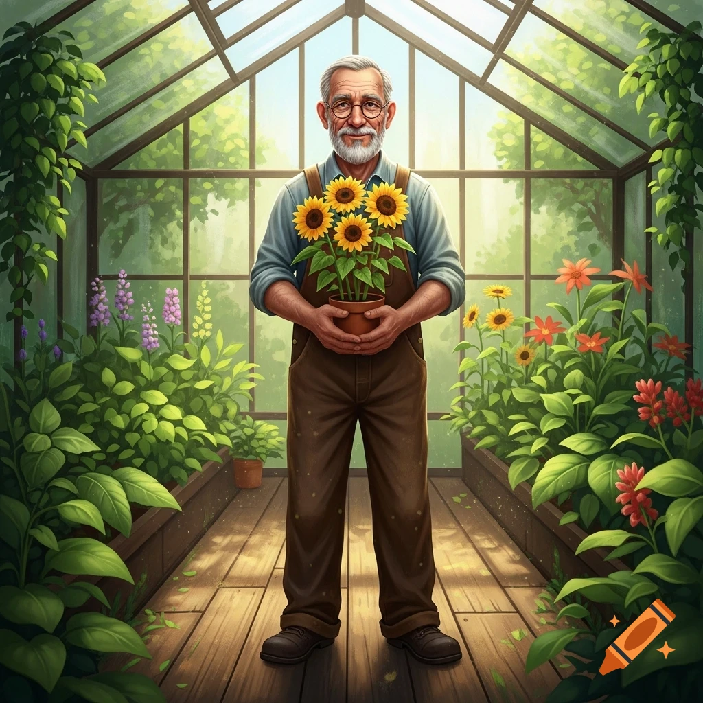 An old man with a beard and glasses, wearing overalls, stands in a sunlit greenhouse holding a potted sunflower plant.