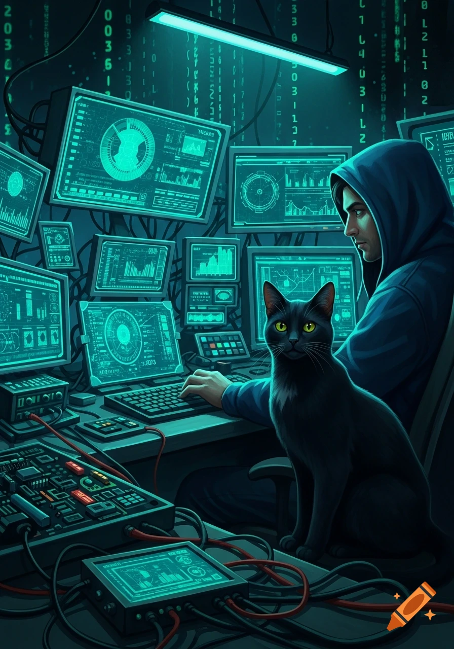 A hooded hacker works at a desk filled with multiple glowing green computer screens displaying data and code, with a black cat sitting next to him.