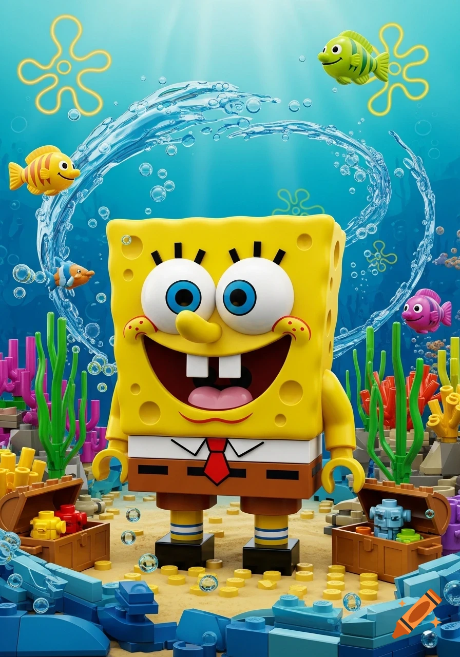 Lego Spongebob stands underwater among coral, treasure chests, and smiling fish, surrounded by bubbles and water splashes.