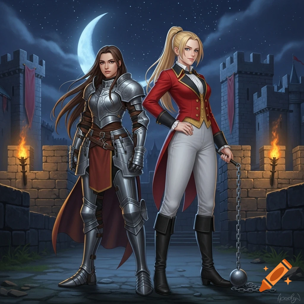 Two women stand outside a castle at night, one in battle armor, the other in a red tailcoat holding a ball and chain, digital art.