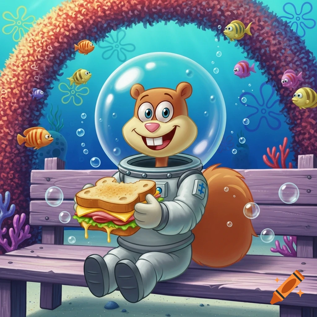 Cartoon of Sandy Cheeks from SpongeBob SquarePants wearing a space suit, sitting on a bench underwater and eating a sandwich.