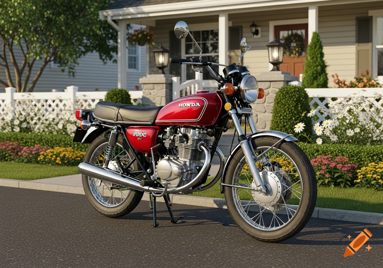 A photorealistic image of a red vintage Honda motorcycle parked on an asphalt driveway in front of a suburban house.