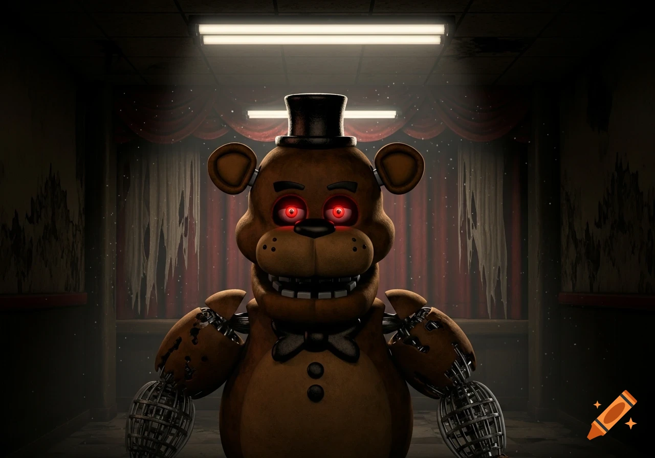 Freddy Fazbear, a brown animatronic bear with glowing red eyes, wearing a top hat and bowtie, stands on a dark, dilapidated stage.