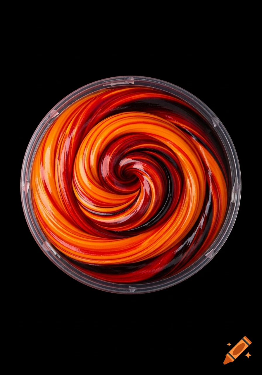 A top-down view of a clear tub filled with vibrant orange, red, and black swirled slime, on a black background.
