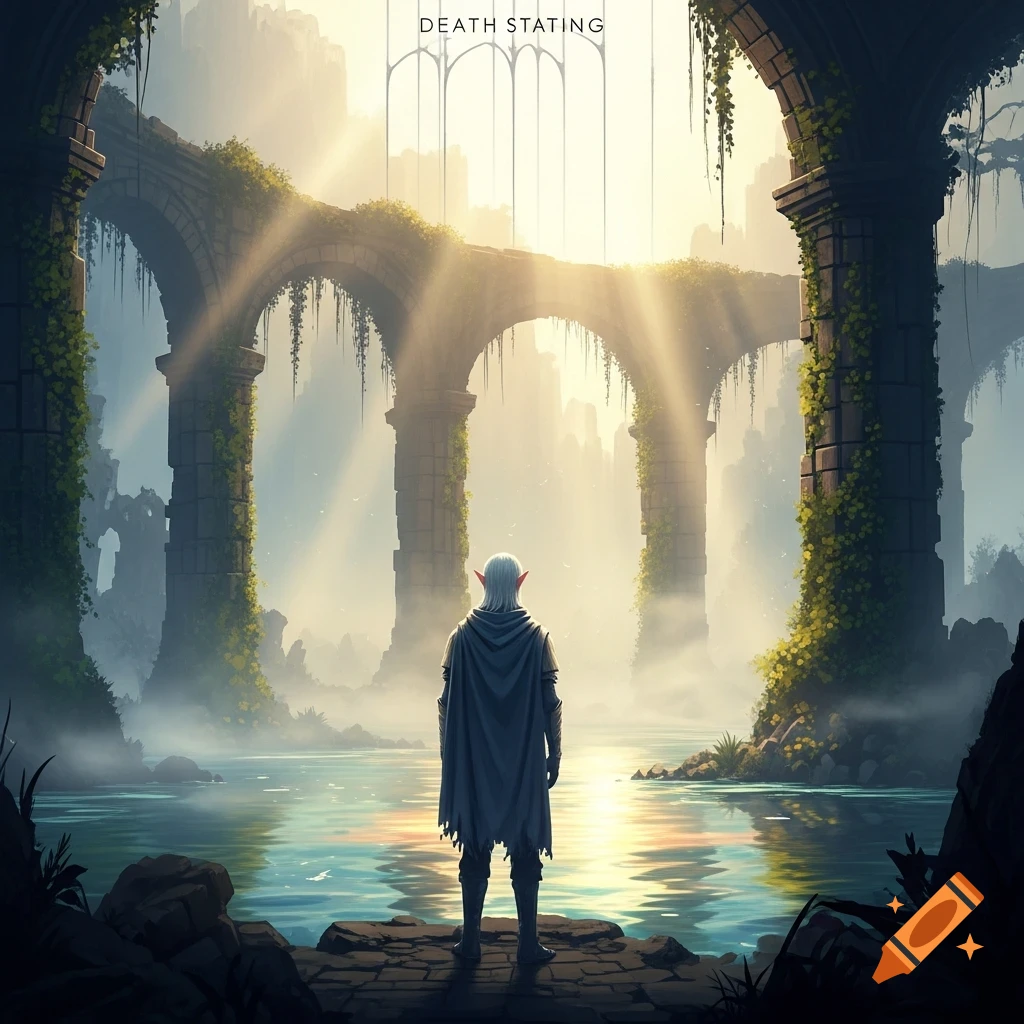 An elf-like figure with white hair and a grey cloak stands on a stone ledge, looking out over a misty body of water with ancient, vine-covered archways bathed in golden sunlight.