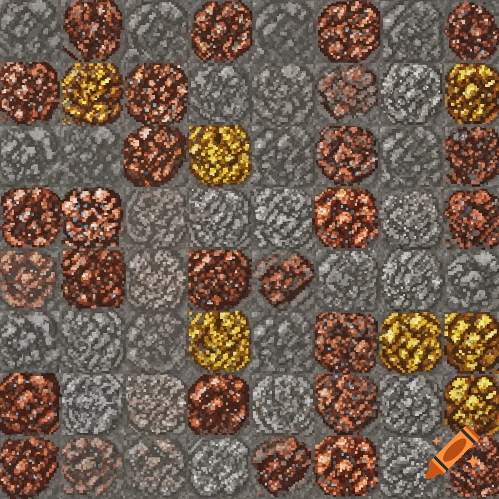A repeating pixelated texture pattern of various Minecraft-style ore blocks in brown, yellow, and grey.