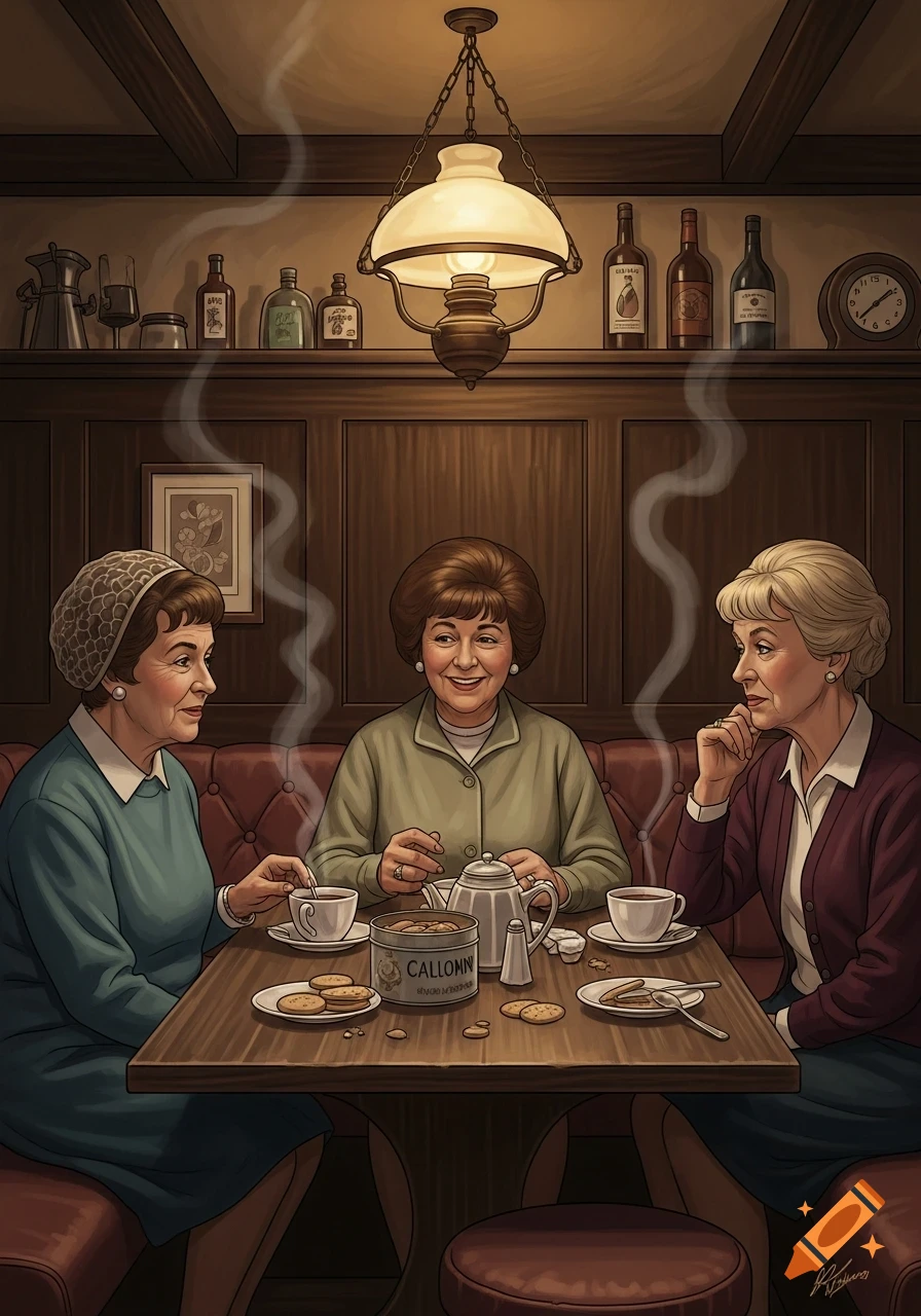 Three older women in an illustrative style, seated at a wooden table with tea and cookies in a warmly lit, cozy cafe.
