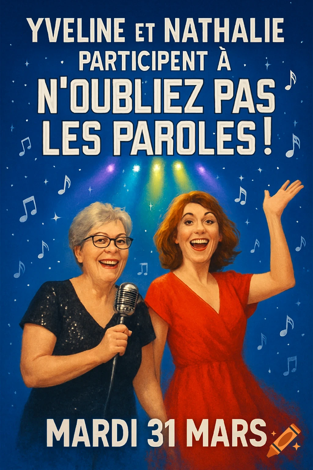A vibrant blue poster for "N'oubliez Pas Les Paroles" features two smiling women, Yveline and Nathalie, with musical notes and spotlights. One holds a vintage microphone.