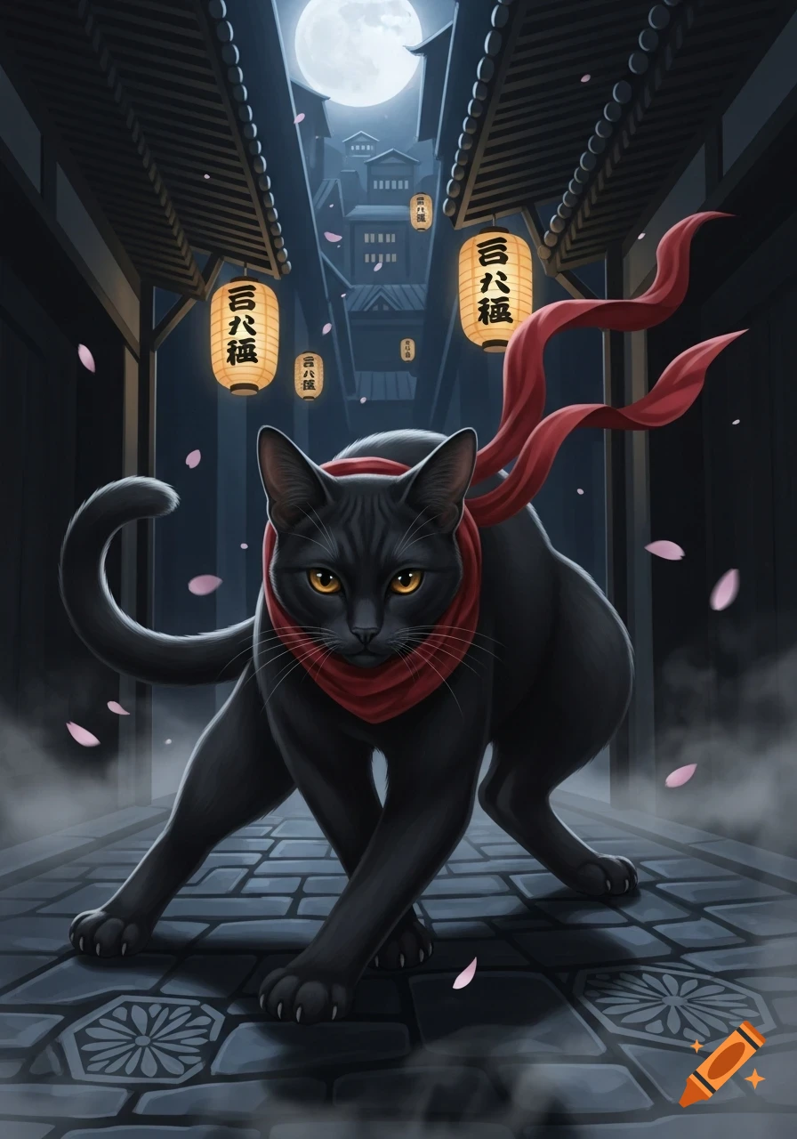 A sleek black cat with a red scarf stands on a cobblestone street under a full moon, surrounded by glowing Japanese lanterns and cherry blossoms at night.