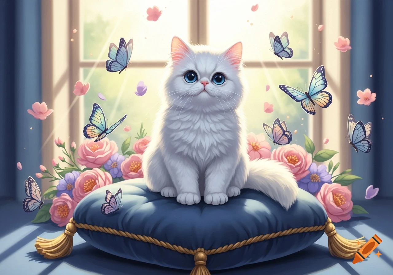 A fluffy white cat with blue eyes sits on a blue pillow, surrounded by pink and purple flowers and blue butterflies in a bright, sunny room.