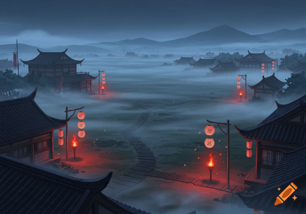 Anime style painting of a misty Asian village at dusk, with traditional houses, red lanterns, and torches casting an eerie glow.