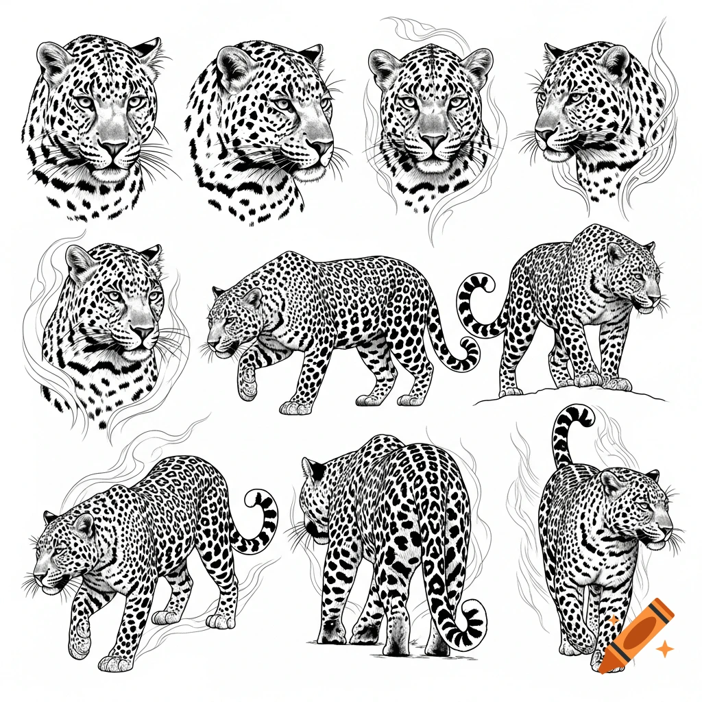 Multiple blackwork tattoo designs of leopards in various poses, including headshots and full-body views, on a white background.