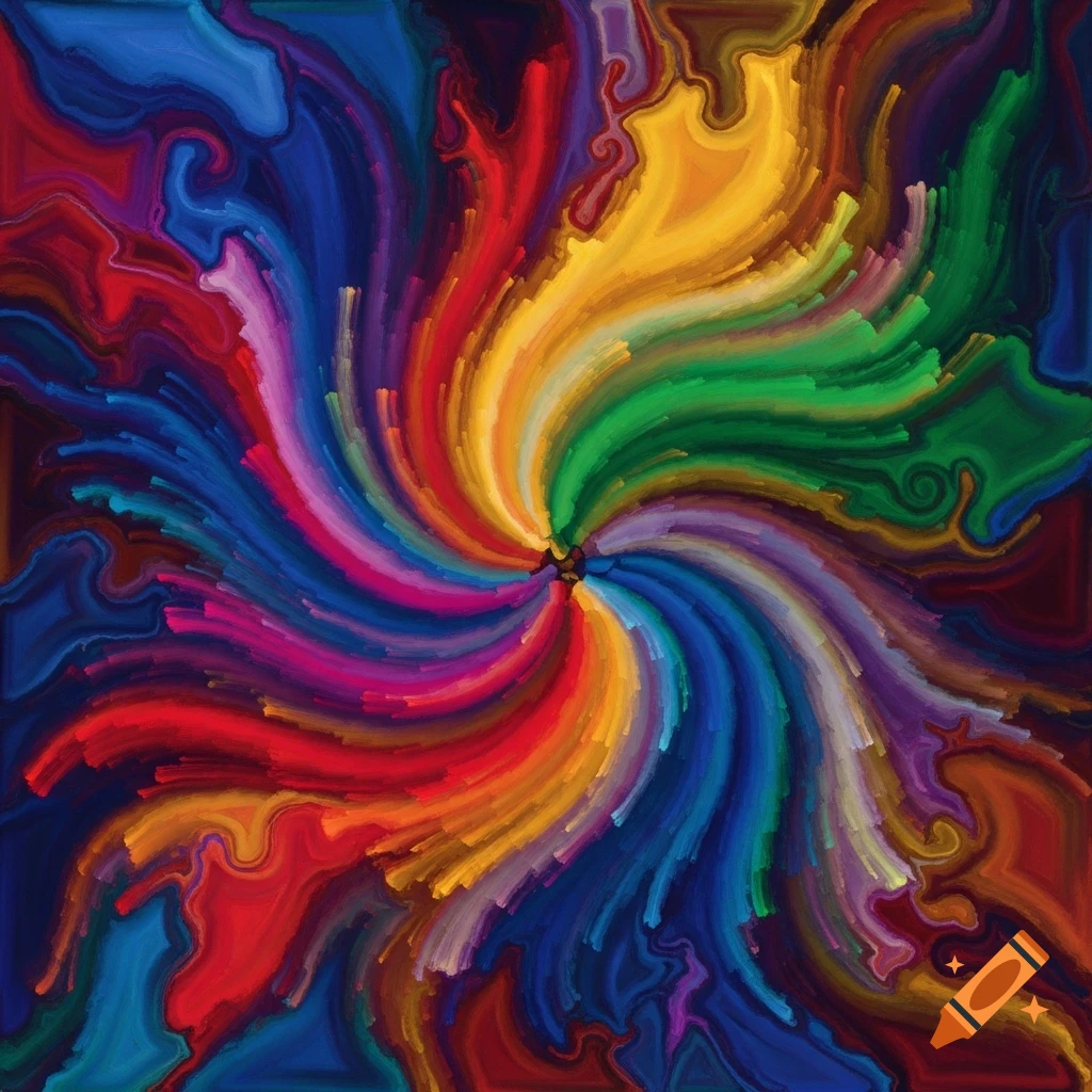 A vibrant abstract artwork featuring a colorful swirl of paint strokes radiating from the center.