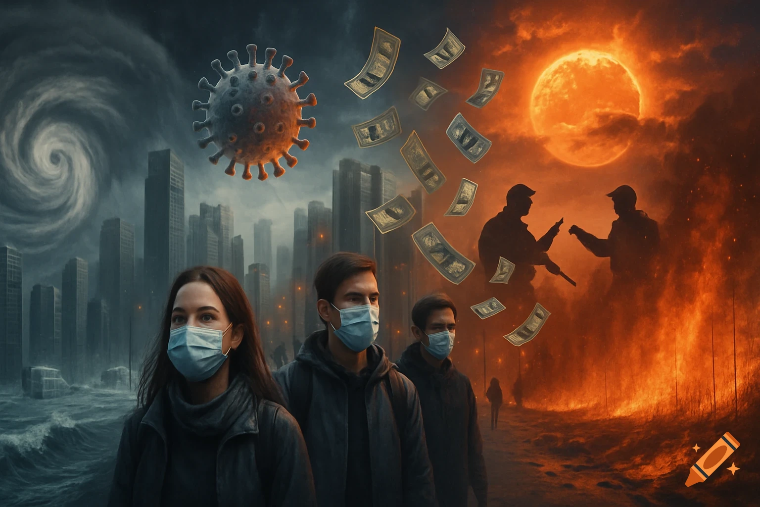 Masked people in a flooded city under a giant virus, with money falling and armed silhouettes in a fiery landscape, symbolizing global crises.
