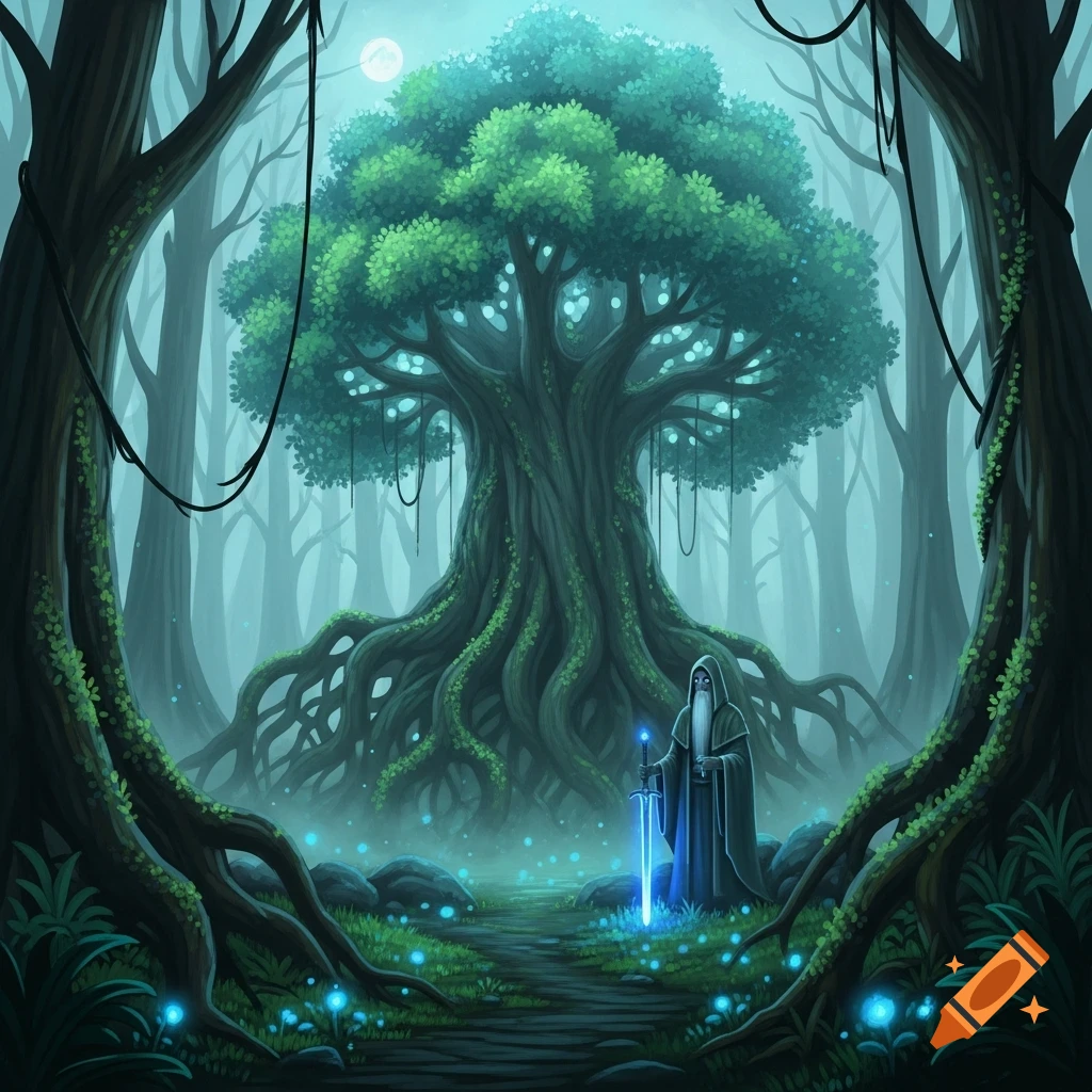 Fantasy art of a robed wizard with a glowing blue sword in a mystical, ancient forest with a giant tree and glowing blue flora under a full moon.