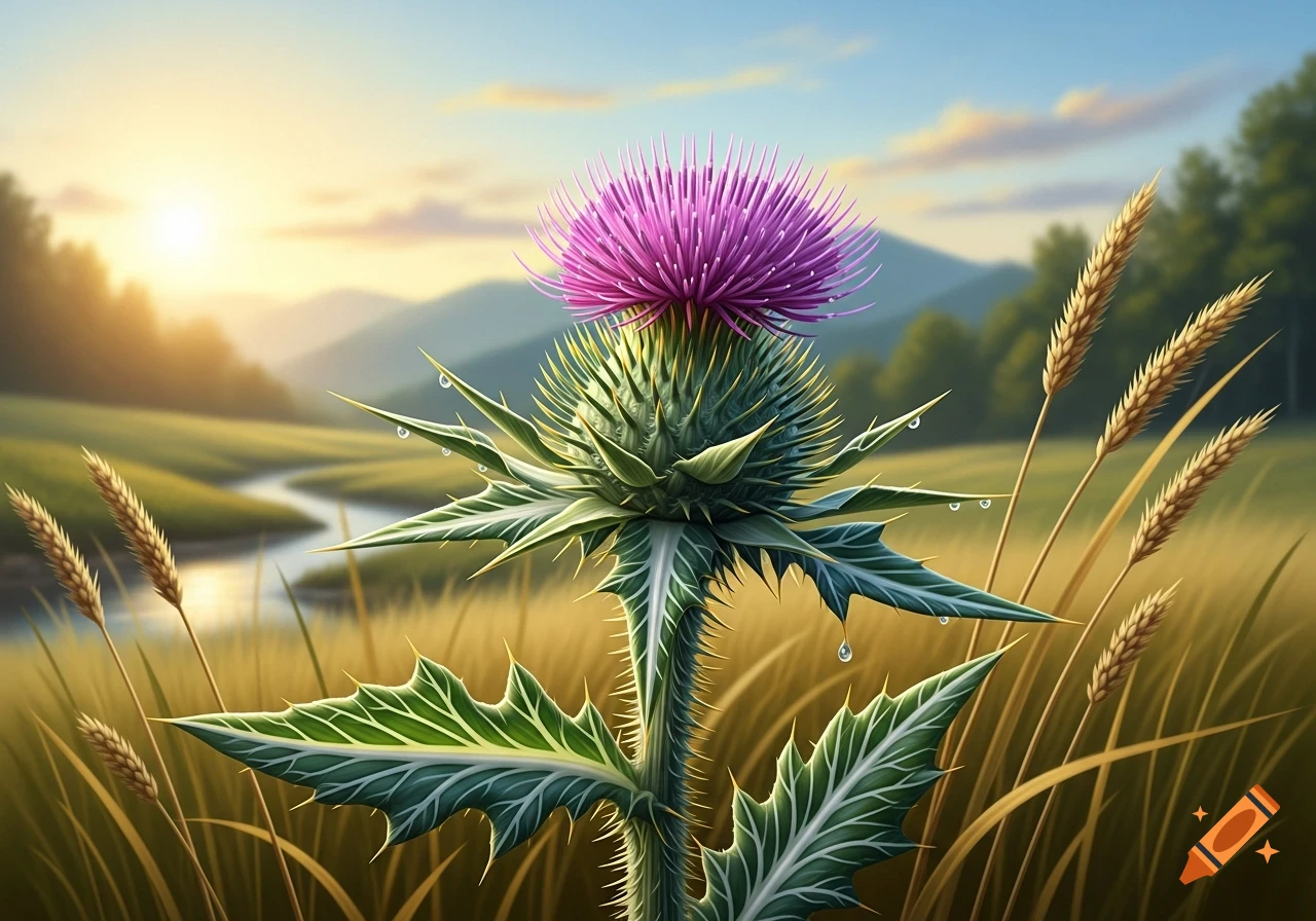 A vibrant purple thistle with dew drops stands tall in a sunlit field with a winding river and mountains in the background.