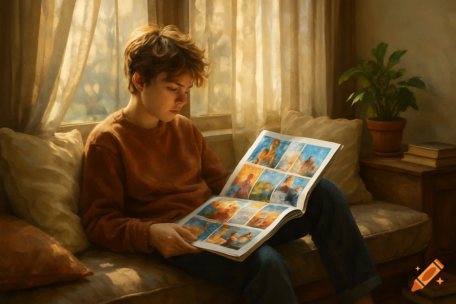 Young person with reddish-brown hair reads a magazine on a sunlit sofa, in a warm, painterly style.