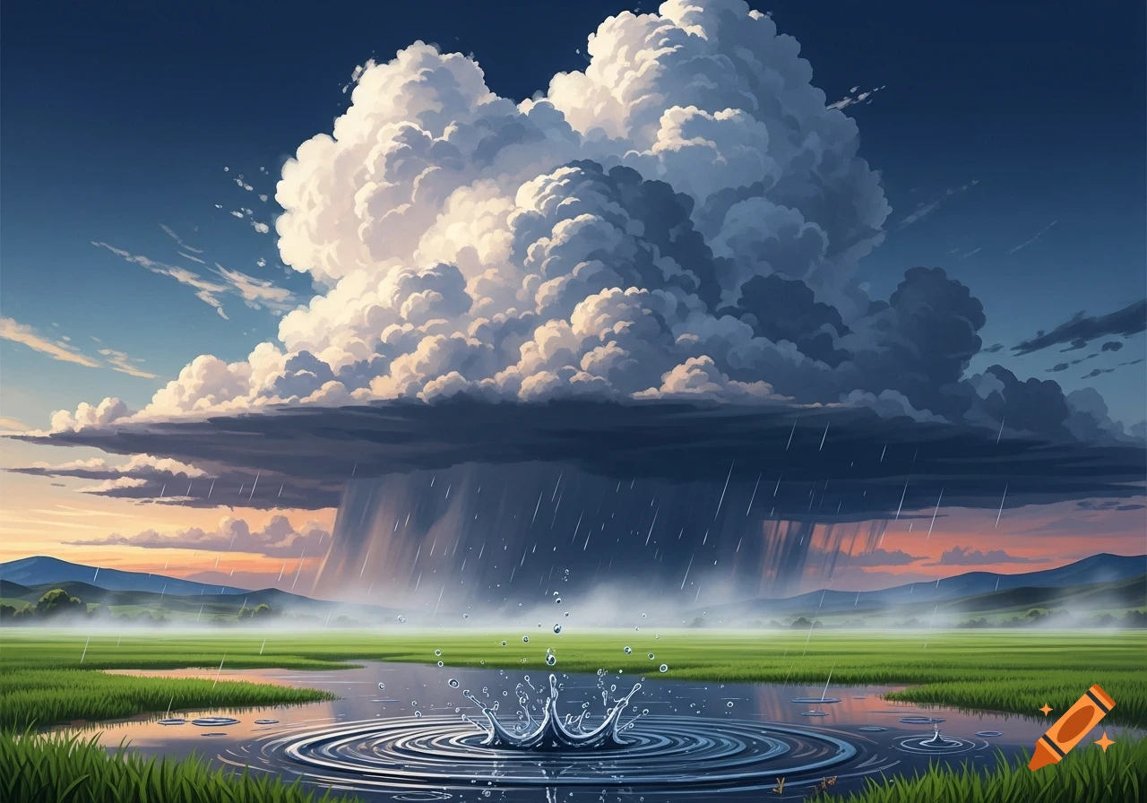 Vibrant anime-style landscape with a huge rain cloud pouring over a green field and a pond with water ripples.