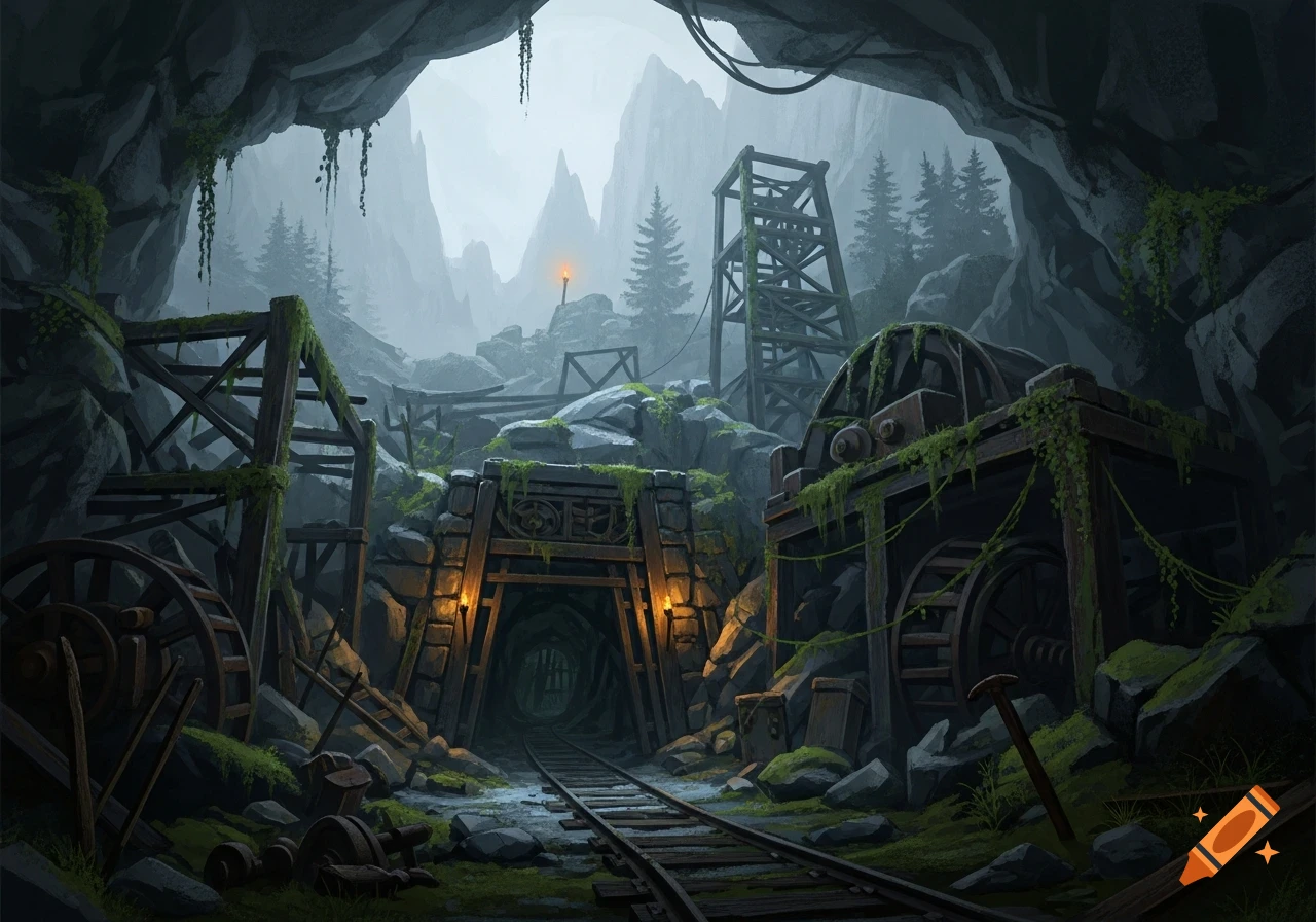 A dark, atmospheric view from inside a cave opening, revealing an abandoned, overgrown mine entrance with railroad tracks and wooden structures leading into a misty valley with pine trees.