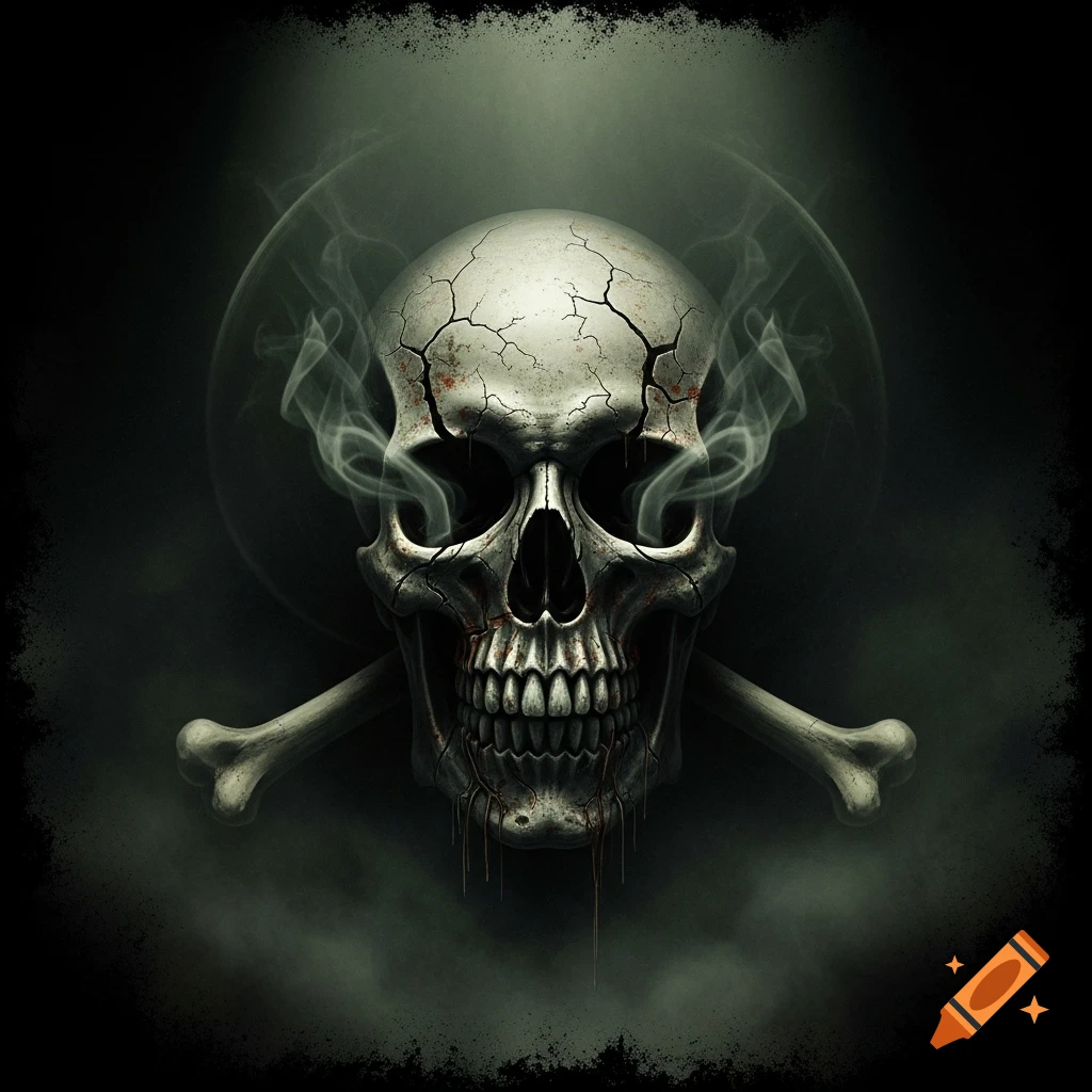 A cracked, grimy human skull with smoke rising from its eye sockets, centered above two crossbones on a dark, textured background.