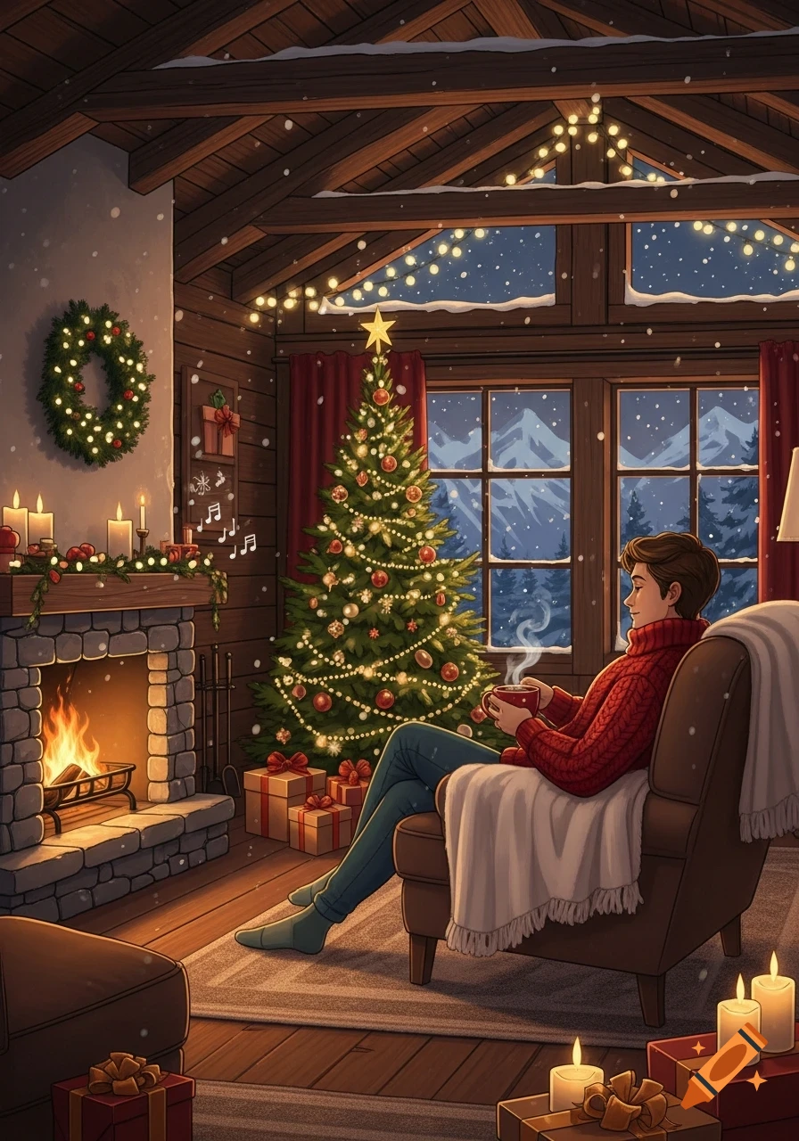 Illustration of a person relaxing by a fireplace and Christmas tree in a cozy cabin during winter.