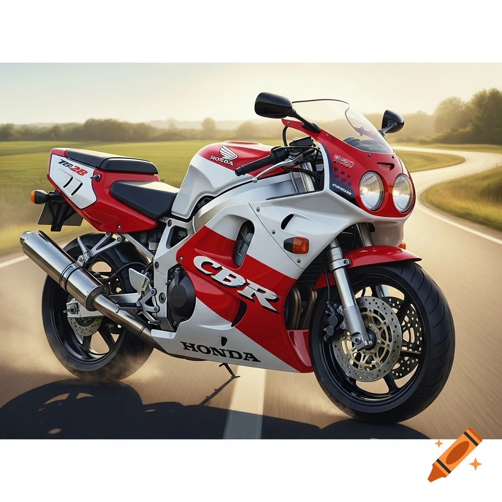 Photorealistic image of a red and white Honda CBR sport bike on a winding road with green fields in the background under a bright sky.