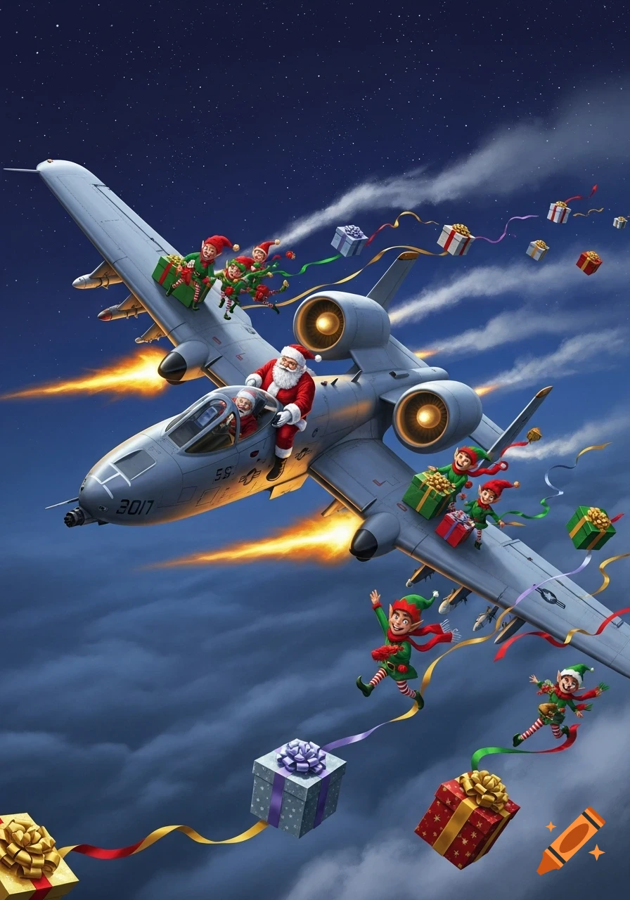 Santa Claus and elves fly on a firing A-10 Warthog jet, dropping presents through a starry night sky.
