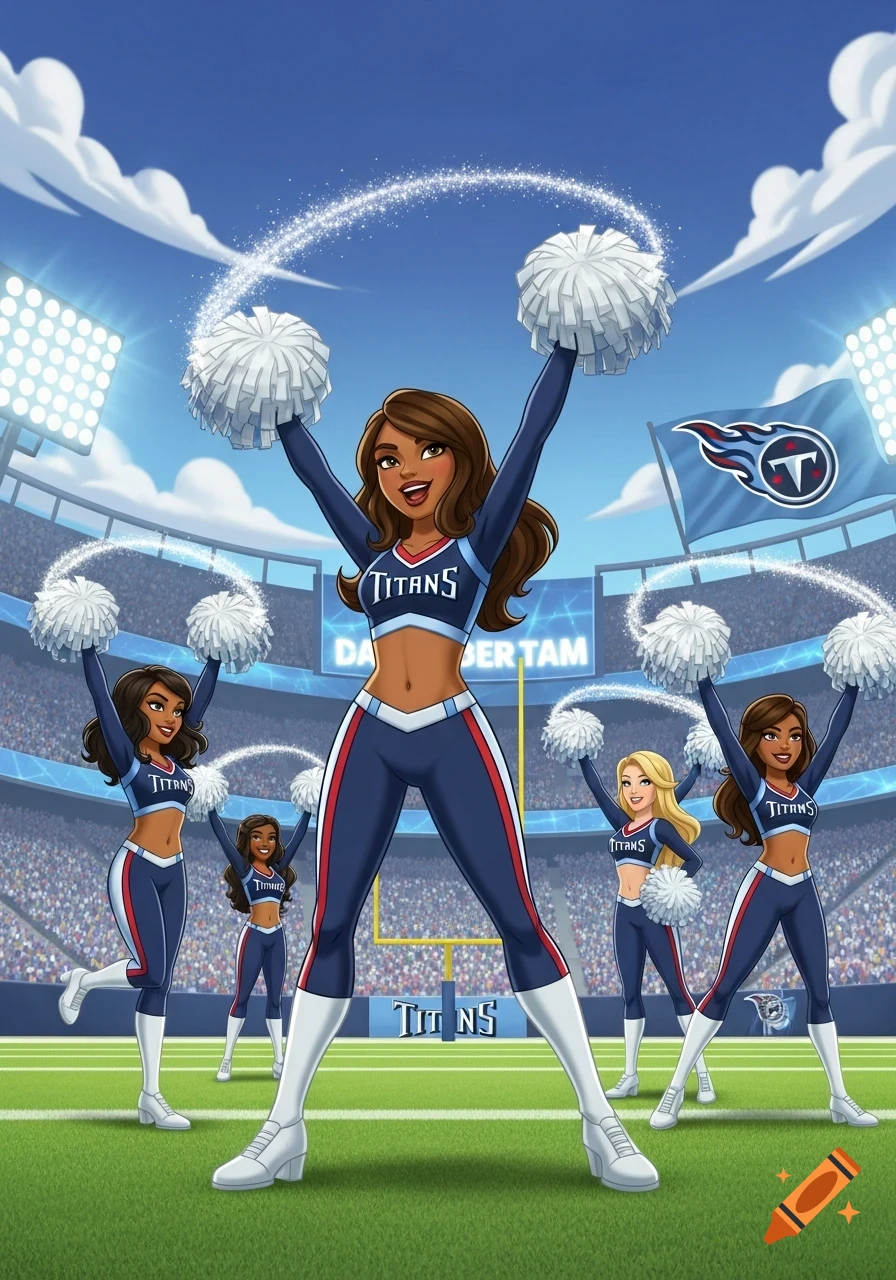 A cartoon illustration of five Tennessee Titans cheerleaders in blue and white uniforms posing with pom-poms on a football field in a stadium.
