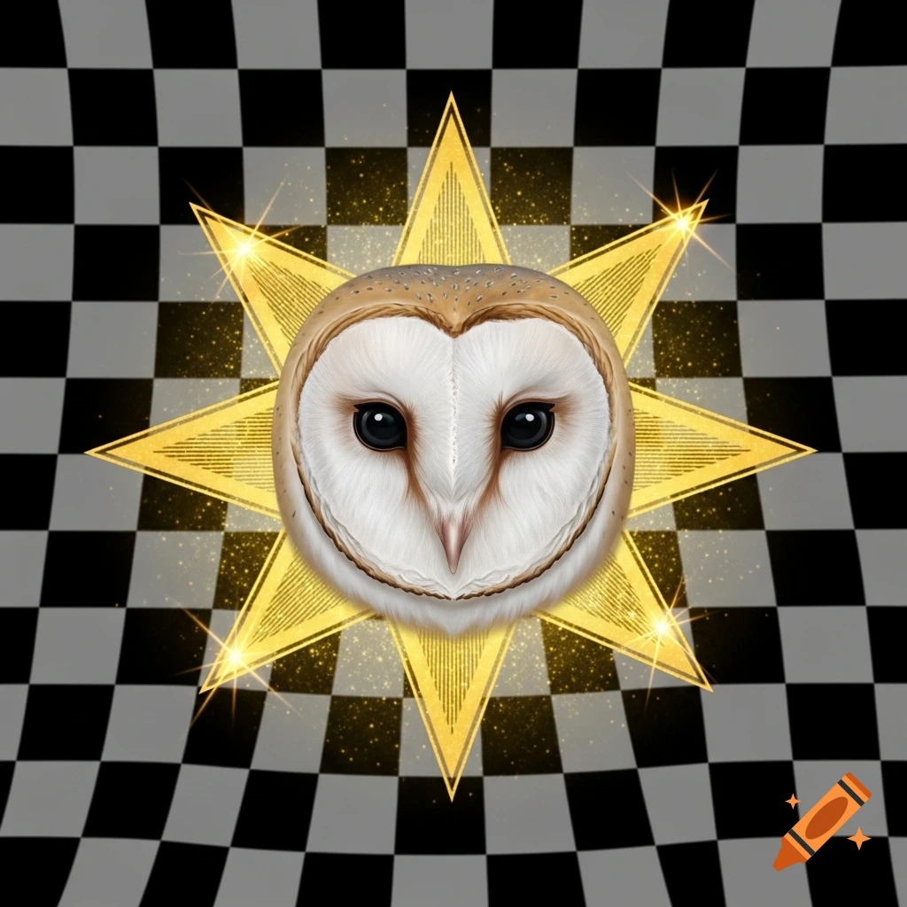 A barn owl face on a golden eight-pointed star against a black and white checkerboard background, digital art.
