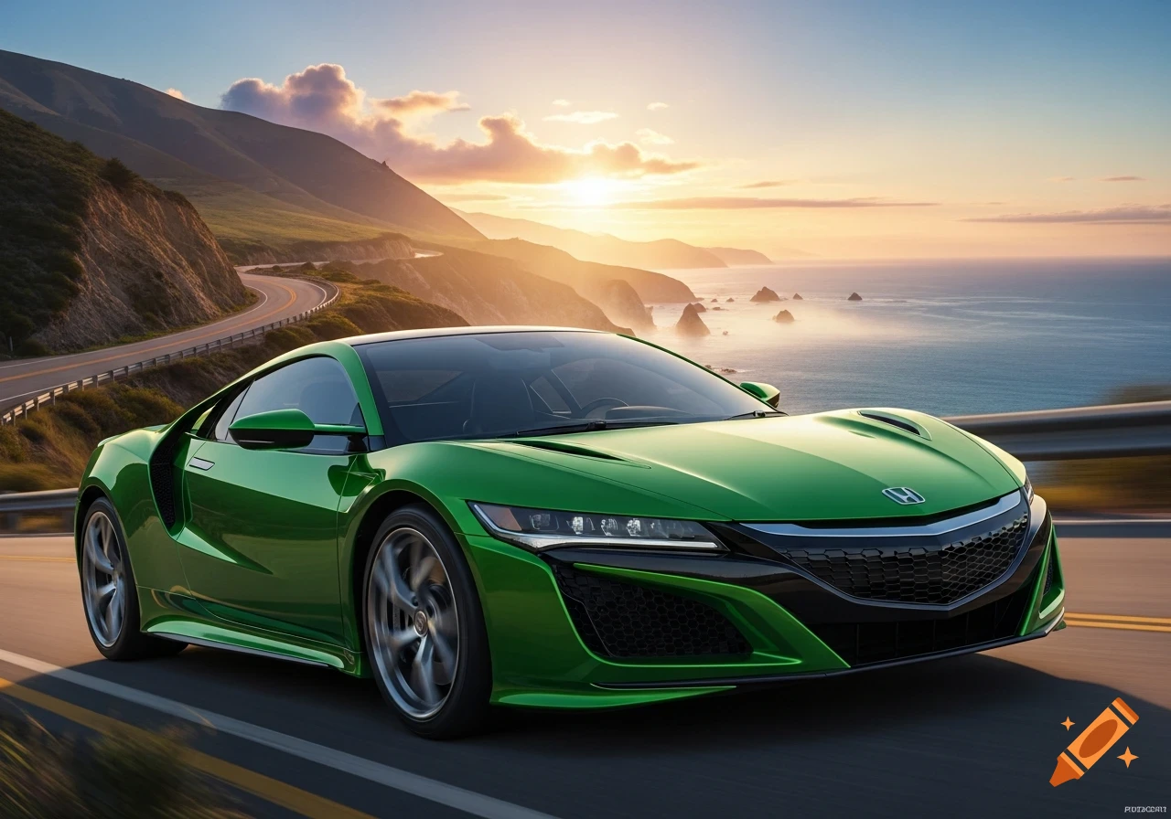 A bright green Honda NSX sports car drives on a winding coastal road at sunset, with mountains and ocean.