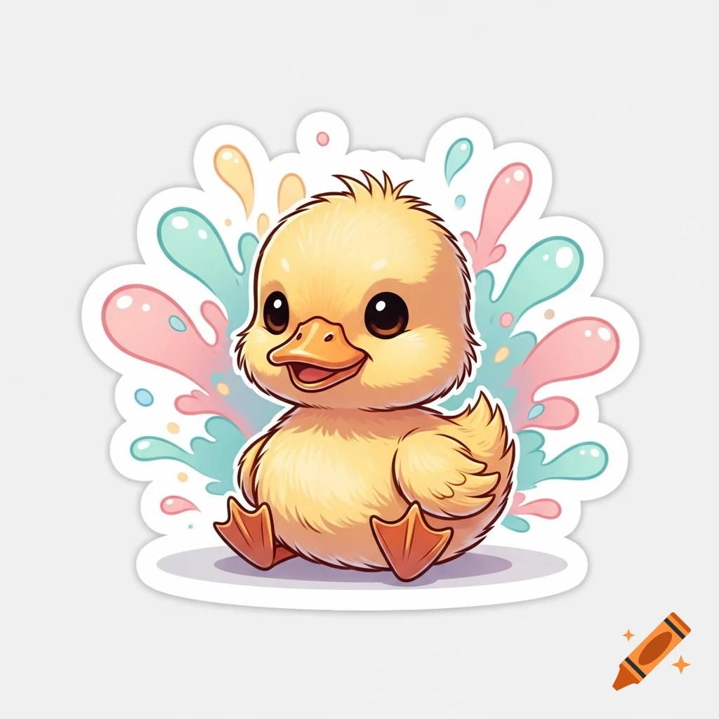 A cute yellow cartoon duckling sticker with colorful pastel splashes in the background.