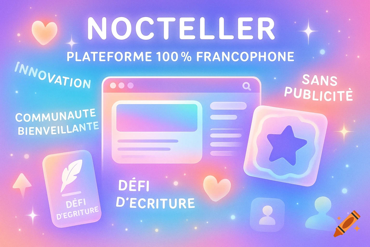 A dreamy pastel gradient background features the text 'NOCTELLER' and stylized icons representing a platform, innovation, community, and writing challenges.