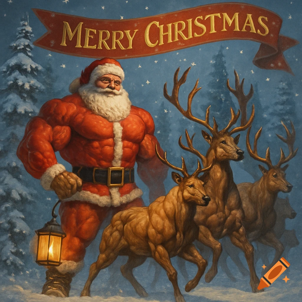 A muscular Santa Claus holding a lantern stands in a snowy forest with three muscular reindeer under a "Merry Christmas" banner.