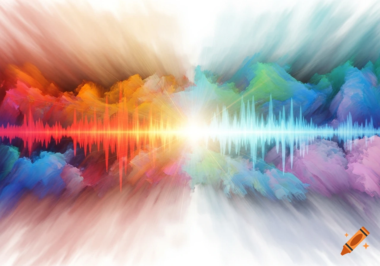 Abstract image with a bright central light, red sound waves and orange-red textures on the left, and blue sound waves and blue-green textures on the right.