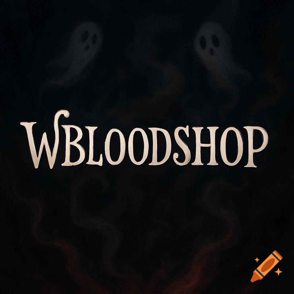 A spooky logo for 'WBLOODSHOP' with two faint ghost figures and red smoke on a dark background.