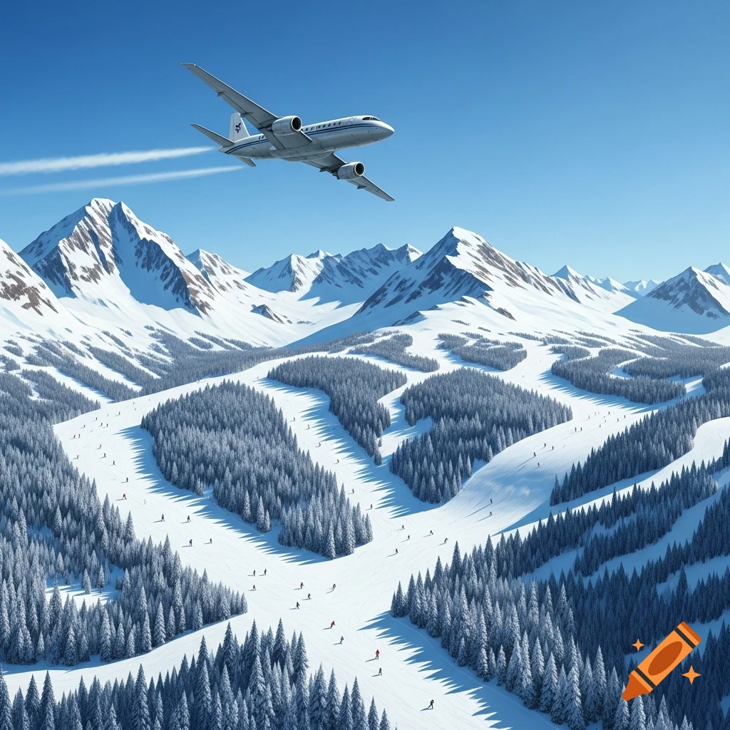 White jet flying over a vast snow-covered mountain range with ski slopes and small skiers among pine trees, under a clear blue sky.