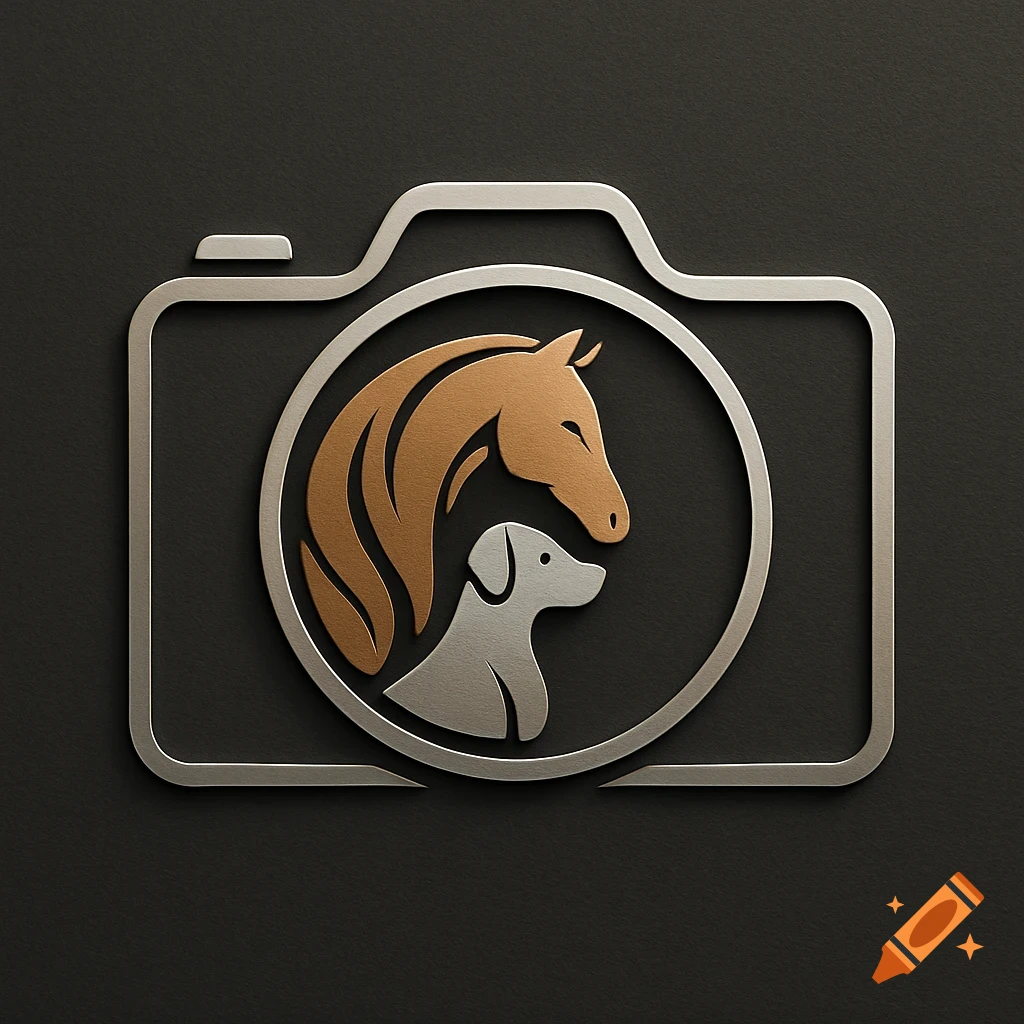 An embossed logo features a camera outline, with a horse's head and a dog's head inside the circular lens, on a dark background.