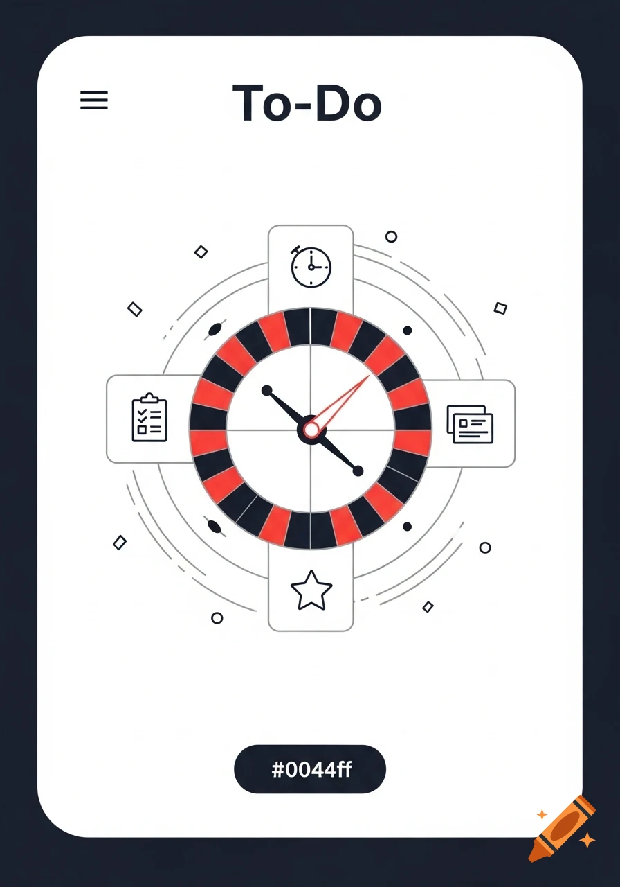 Modern splash screen for a to-do app featuring a central red and black roulette wheel with task icons and 'To-Do' title.